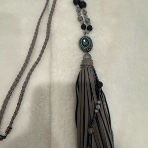 Boho Gray and Black Beaded Necklace with Aqua